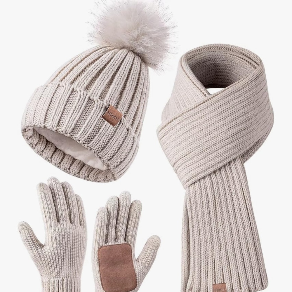 Womens Beanie with Pom Pom Long Scarf Neck Warmer Touchscreen Gloves 3 in 1 Set